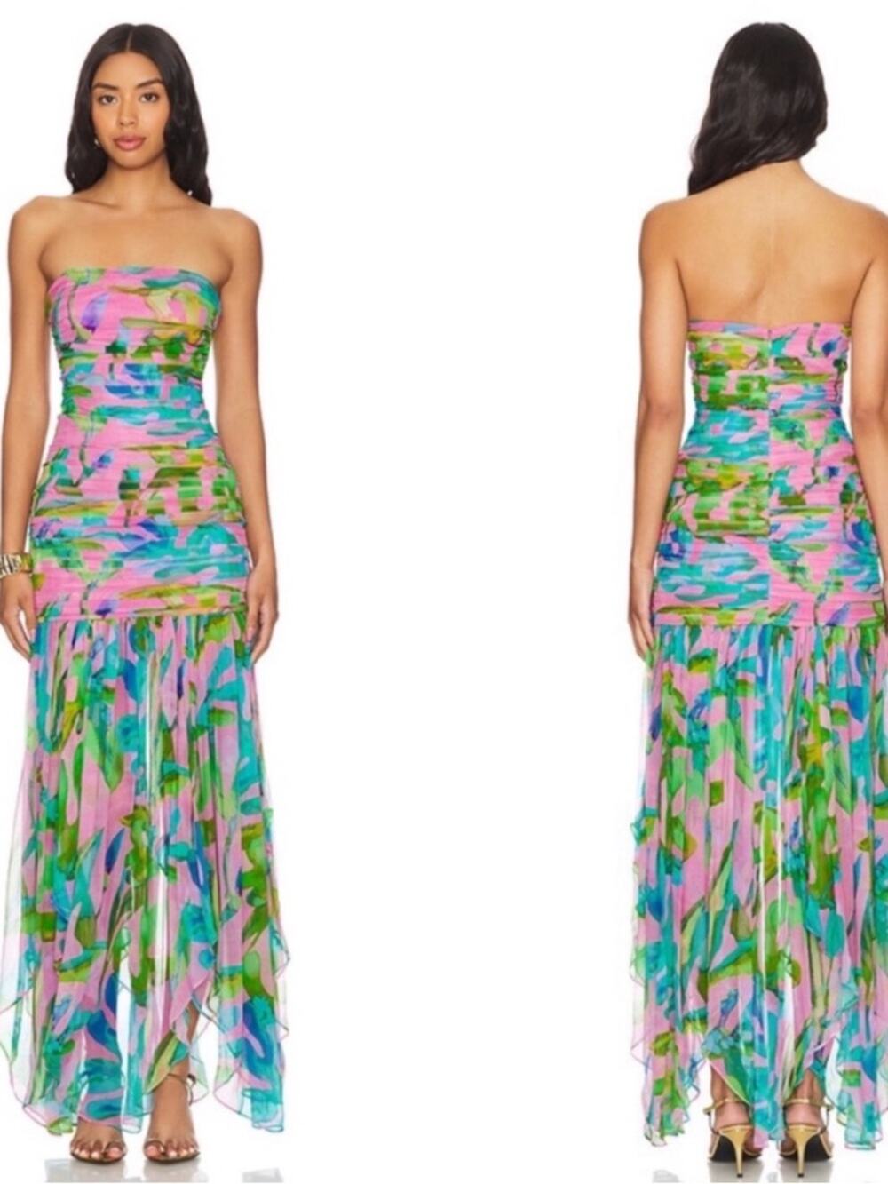 RETROFETE Teryn Strapless Silk Floral Jade Tropical Leaf Maxi Dress Size XS
